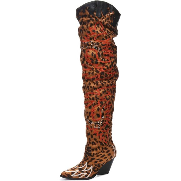 Women Leopard Fabric Thigh High Over The Knee Pointed Toe Chunky Heel Boot - Picture 1 of 5